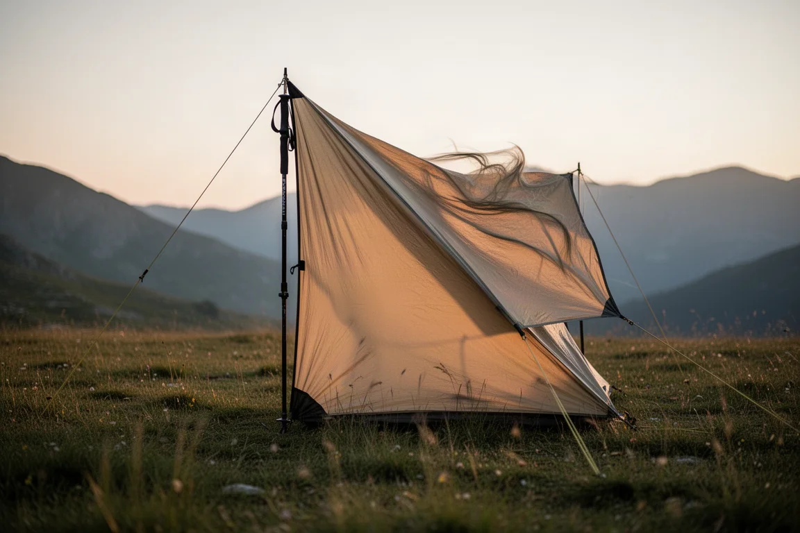 Tessuto di una tenda alta con bastoncini da trekking che prende vento serale in un prato aperto