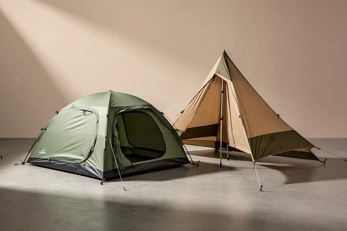 Two backpacking tents pitched side by side on a matte concrete surface in soft studio light