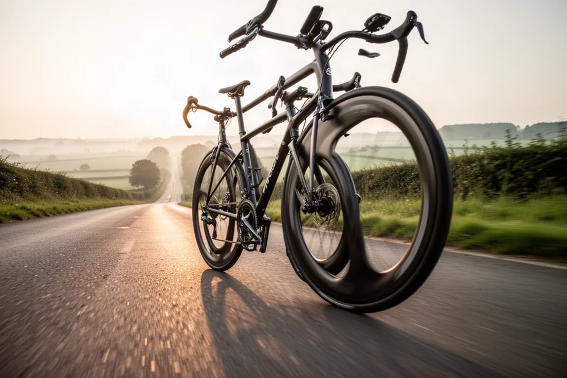 Road racing bike speeding along a flat rural road in low evening light