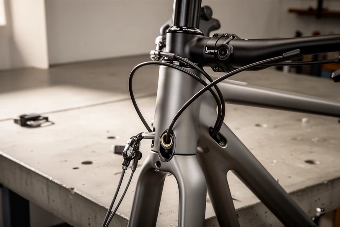 Close-up of a bicycle head tube with internally routed cables on a workbench