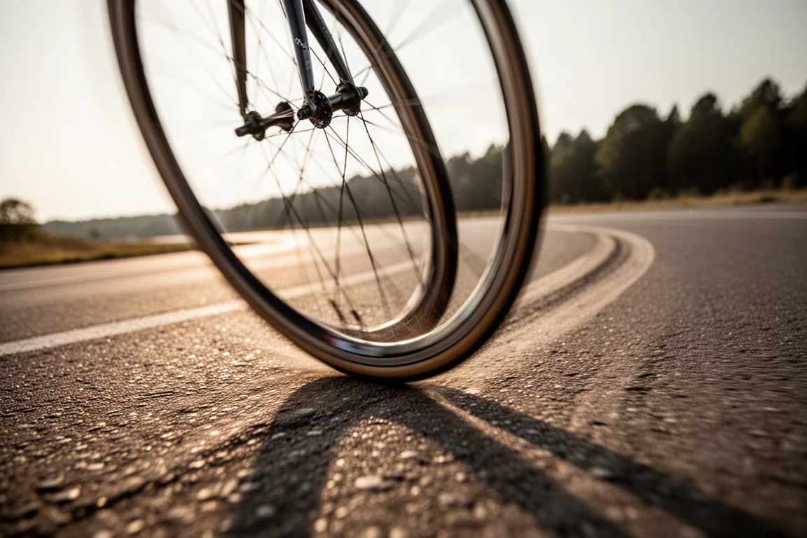 Low-angle view of a road bike tire cornering on dry tarmac