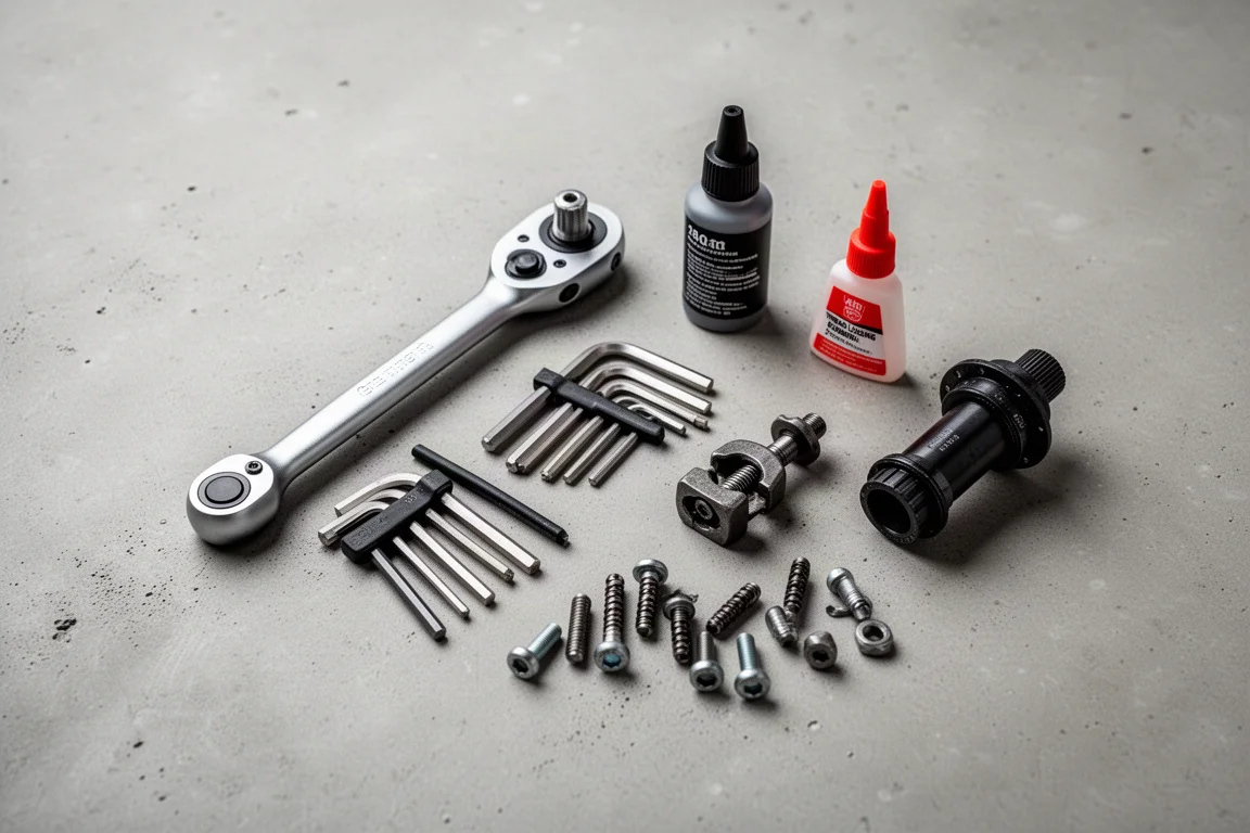 Overhead flat-lay of bicycle workshop tools and components on concrete