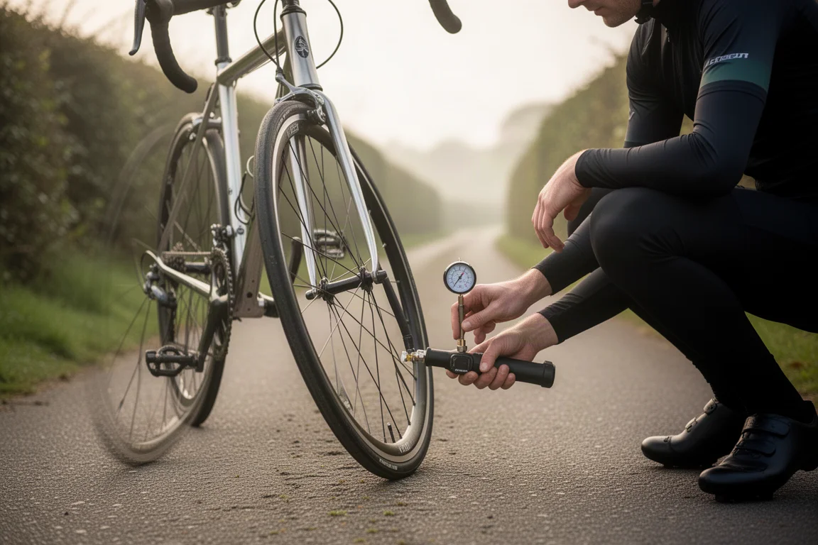 Cyclist checking tire pressure with a pressure gauge beside a road bike