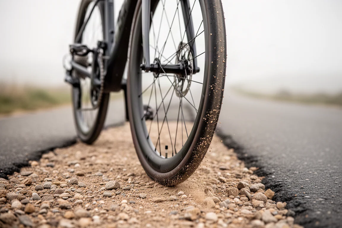 Close-up of a wide road bike tire on a gravel path where the tarmac ends