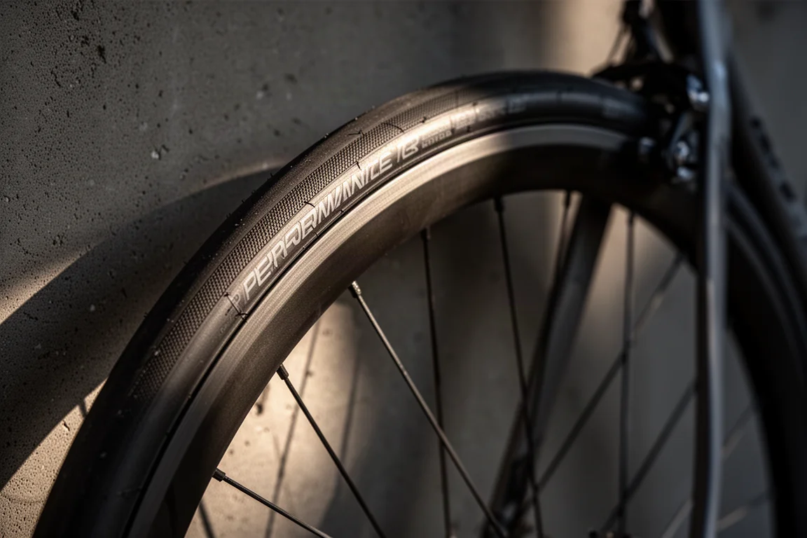 Close-up of a road bike rear wheel showing tire sidewall and tread detail