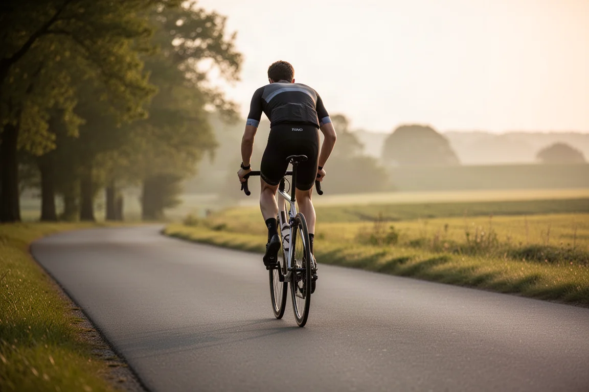 Cyclist riding along a smooth country road at golden hour, viewed from behind