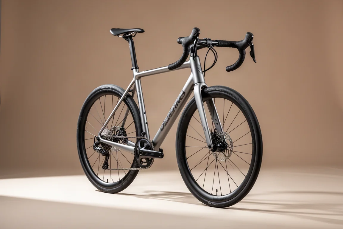 Road bike with black tires and bar tape standing in a bright studio setting