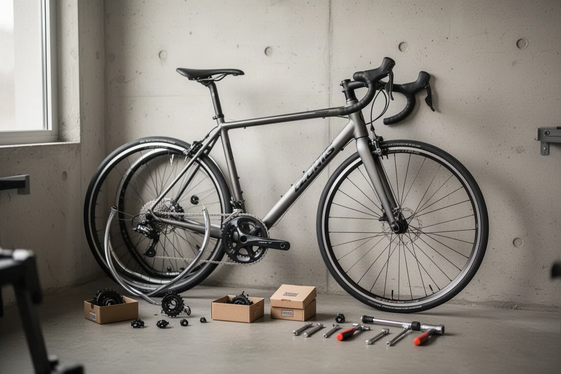 Bici da strada entry-level in officina con attrezzi e scatole di componenti nelle vicinanze
