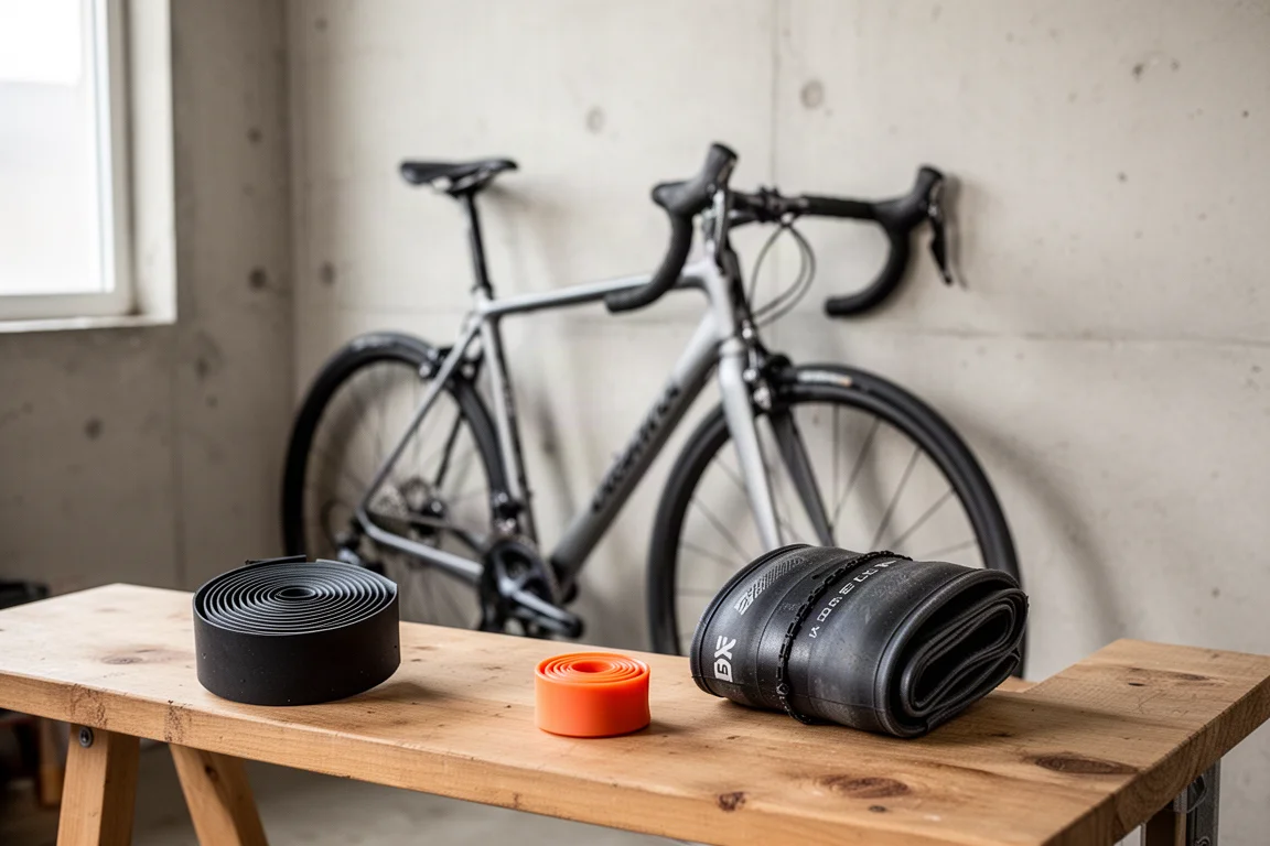 Road bike in a workshop with handlebar, bar tape, tire and inner tube on a bench