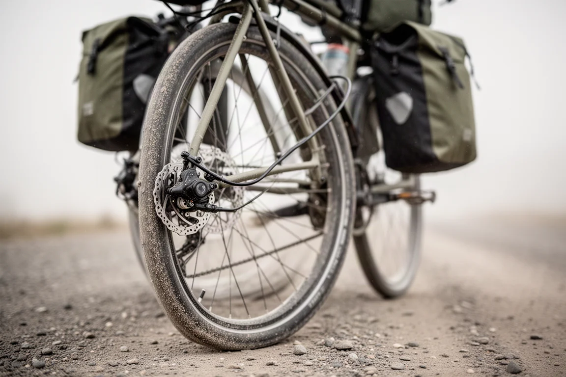 Primeiro plano de freio a disco hidráulico em bicicleta de touring carregada