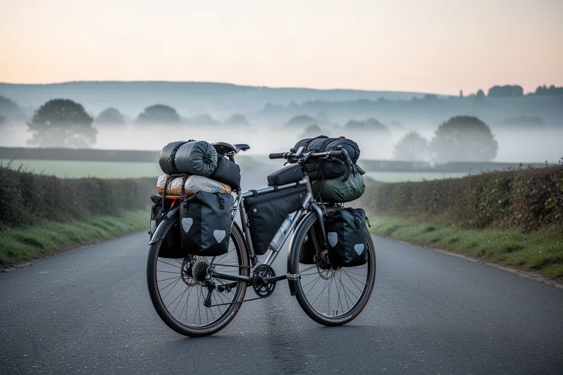 Bicicleta de touring carregada em estrada tranquila ao amanhecer com campos enevoados ao fundo
