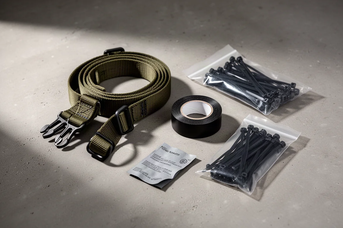 Spanbanden, tape, plakkers en een reparatieset voor slaapmatjes voor bikepacking, uitgestald op beton