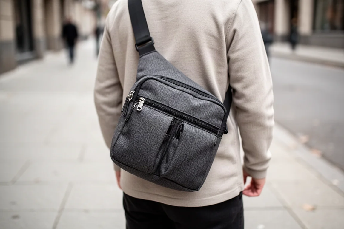 Sling bag worn across the body with its strap rotated to the front