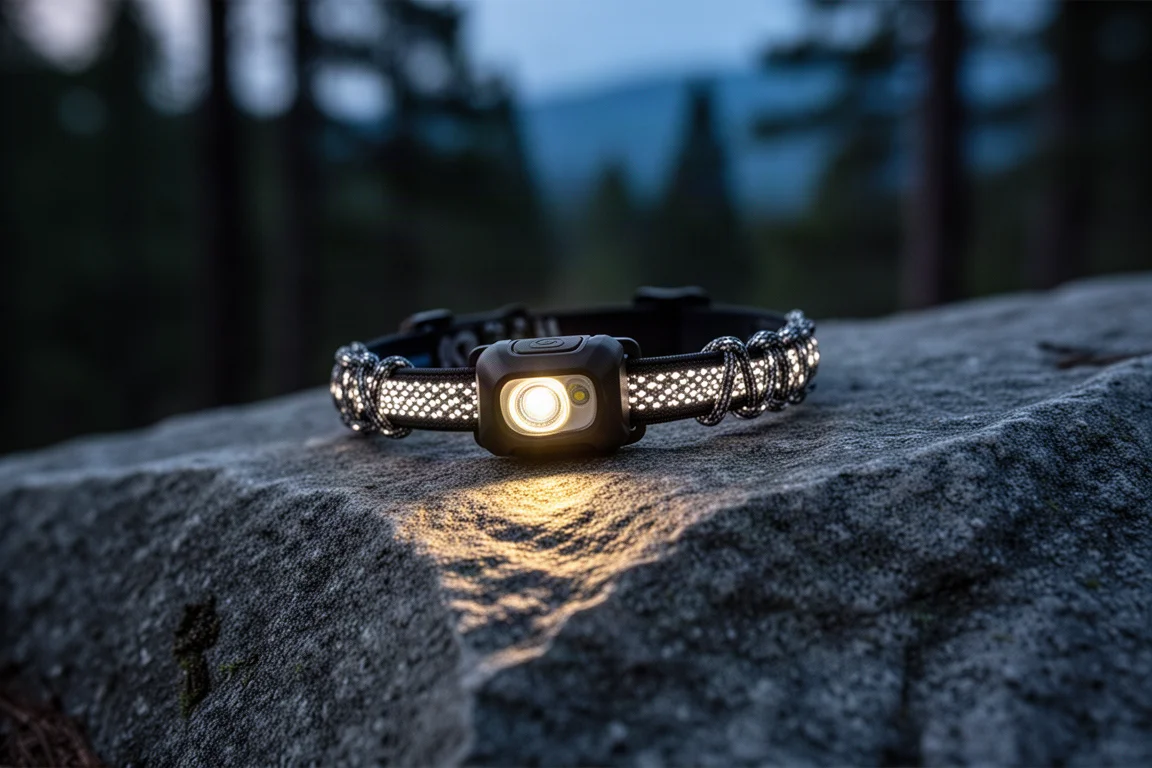 Headlamp with glow-in-the-dark shock cord resting on a rocky ledge at dusk