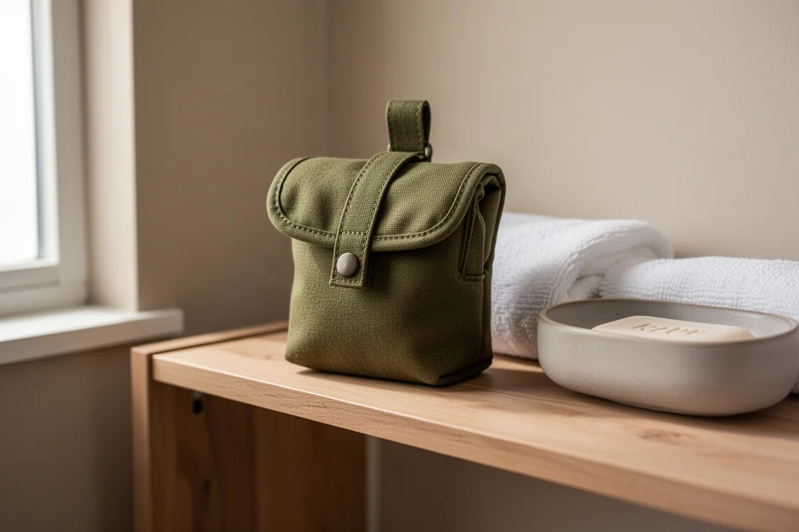 Soap bar drying inside a roll-top fabric case clipped shut on a bathroom shelf