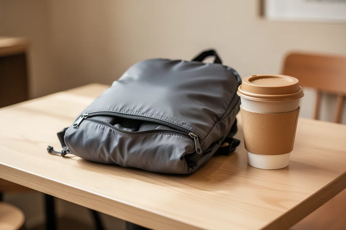 Foldable backpack pulled from a pocket and partially unfolded on a cafe table