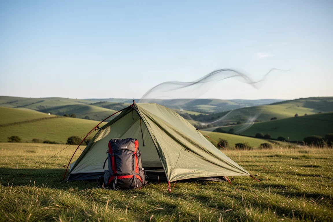 Litet tält uppsatt på en gräsbevuxen campingplats under en klarblå himmel en lugn sommardag
