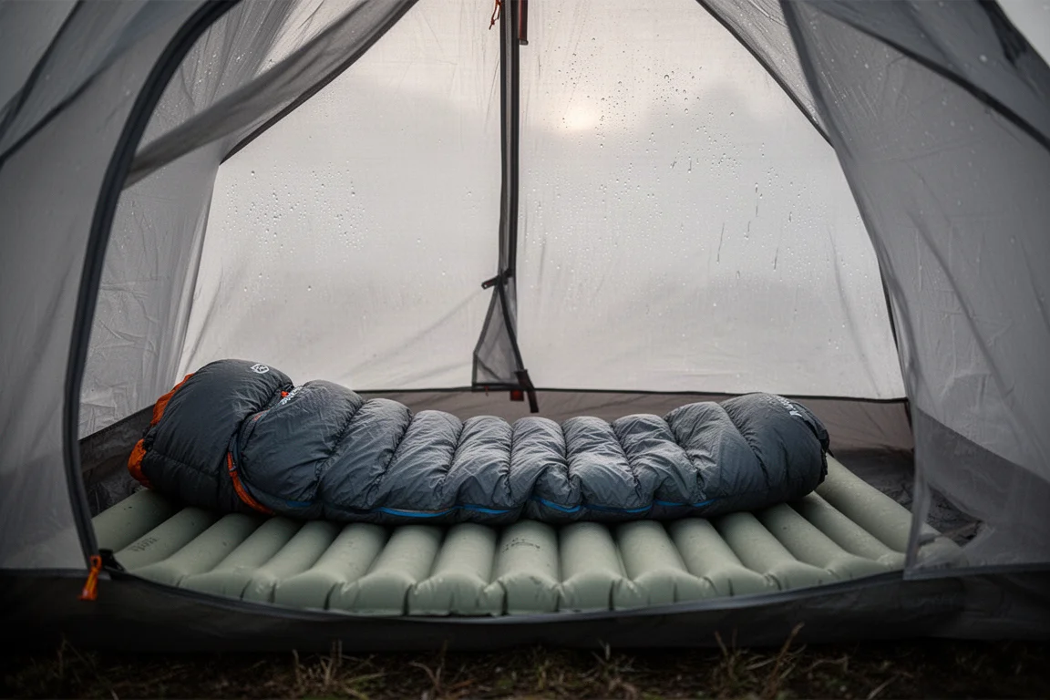 Sovquilt och uppblåsbart liggunderlag utlagt inne i ett tält i gryningen