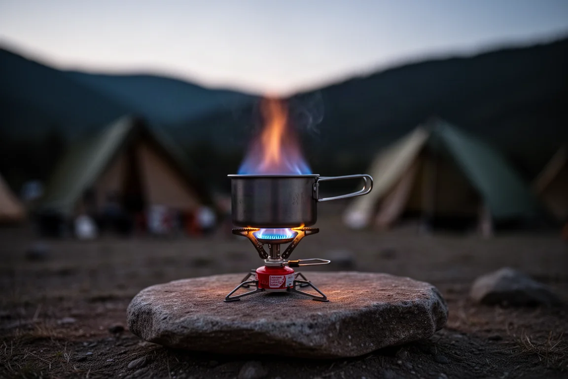 Liten gasbrännarlåga som värmer en kastrull i skymningen vid en campingplats