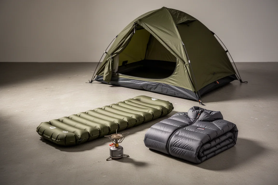 Camping gear arrangement with small tent, sleeping pad, gas burner and down jacket
