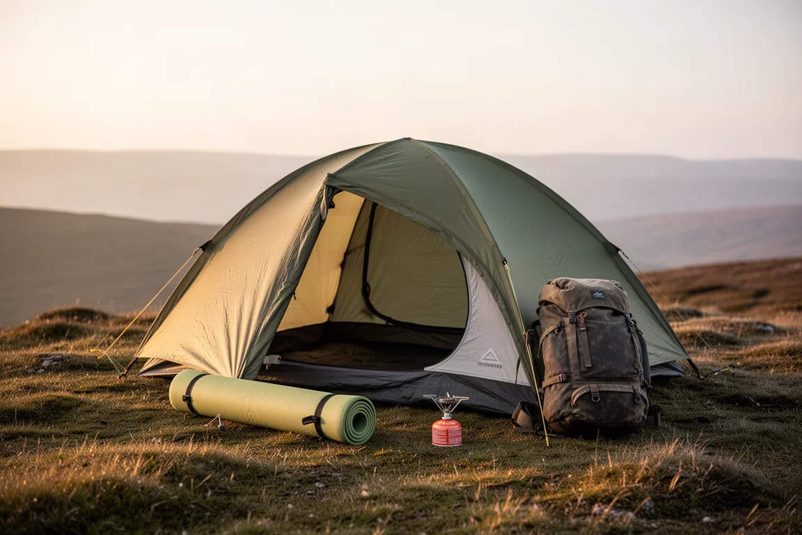 One-person tent, thin sleeping mat and small gas stove on a moorland ridge at golden hour