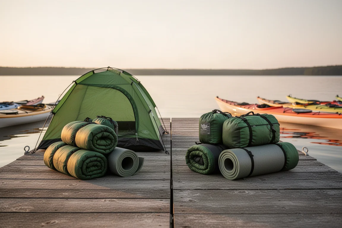 Zwei günstige Camping-Sets auf einem Holzsteg neben Kajaks im goldenen Abendlicht