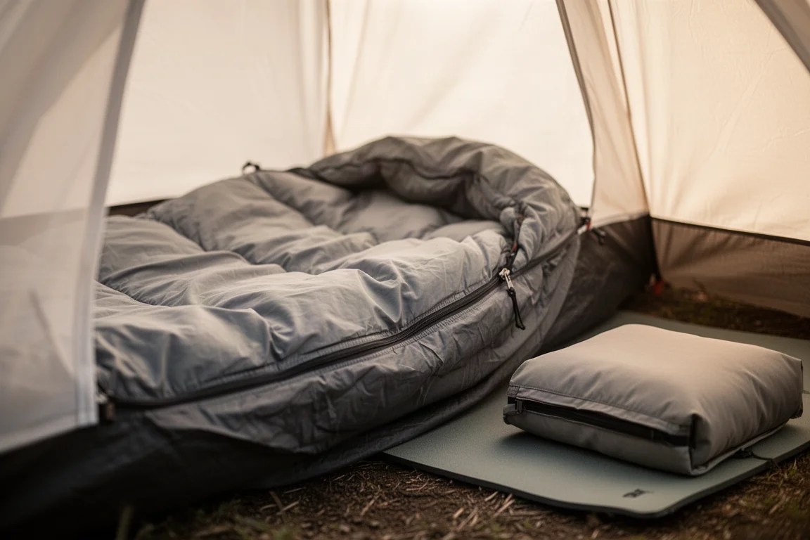 Schlafsack und Campingkissen in einem kleinen Zelt im weichen Morgenlicht