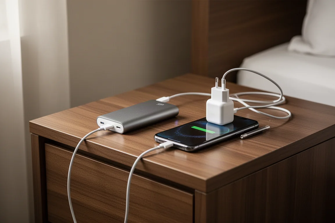 木製のホテルのナイトテーブルでスマートフォンとモバイルバッテリーを充電している様子
