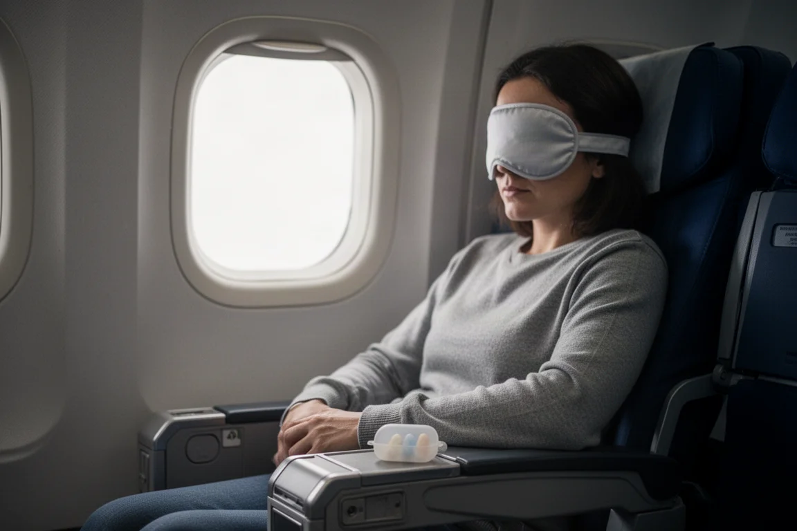 アイマスクと耳栓を着けて機内で眠る乗客