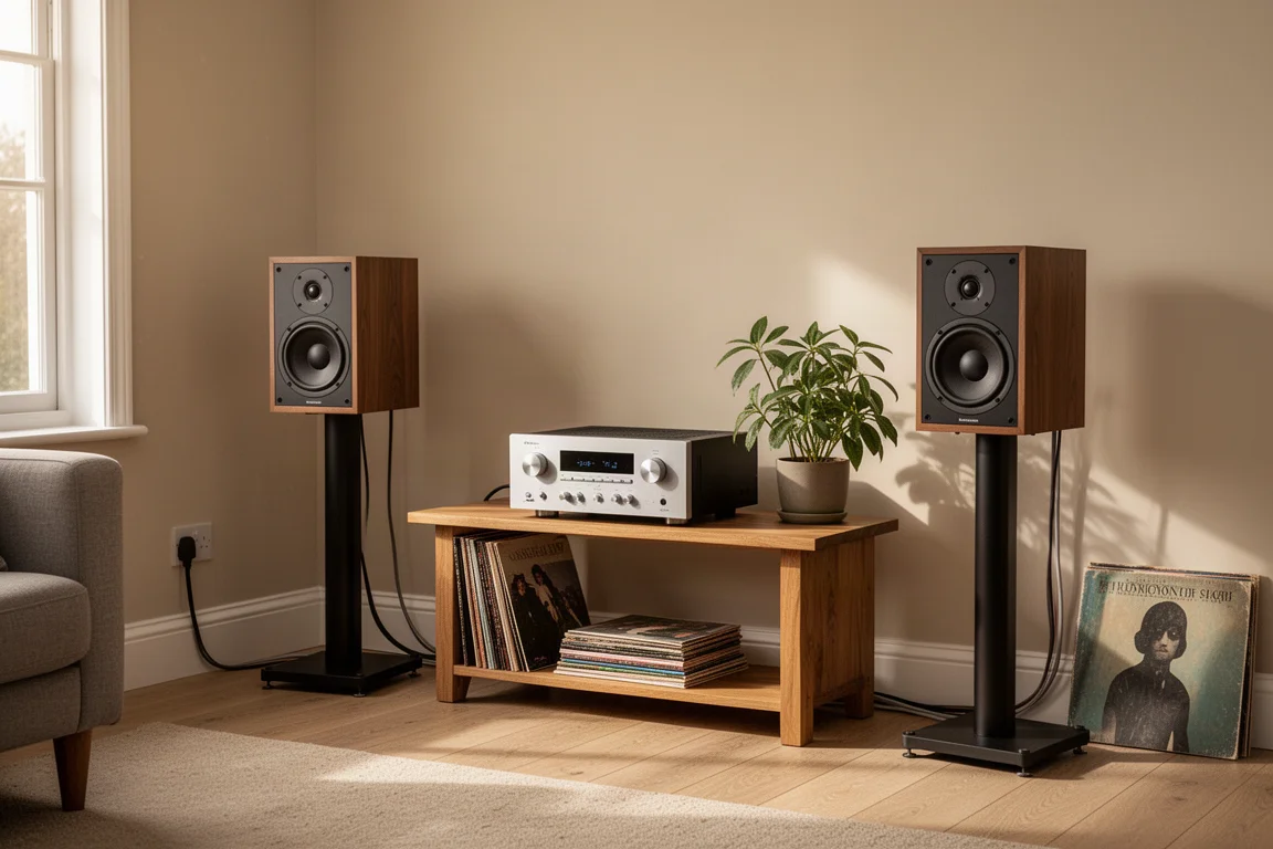 Estantería de sala de estar con amplificador compacto, altavoces de estantería y discos