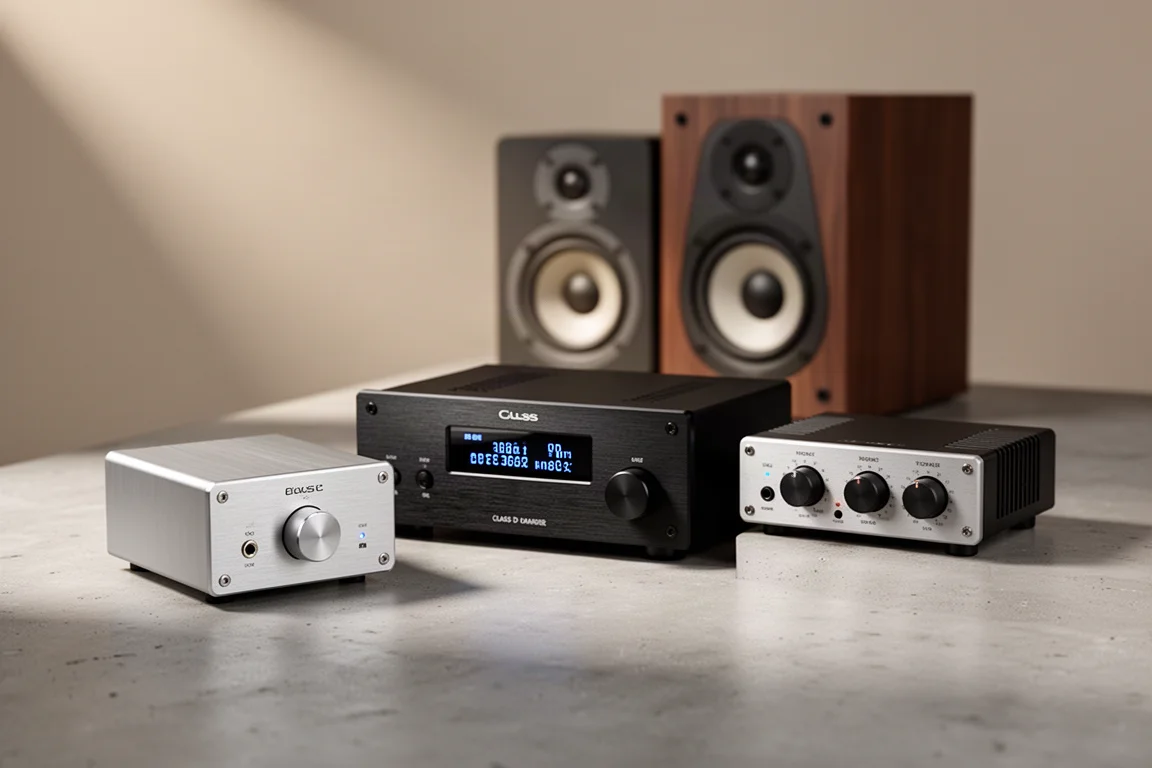Three compact desktop amplifiers and bookshelf speakers on a matte concrete surface