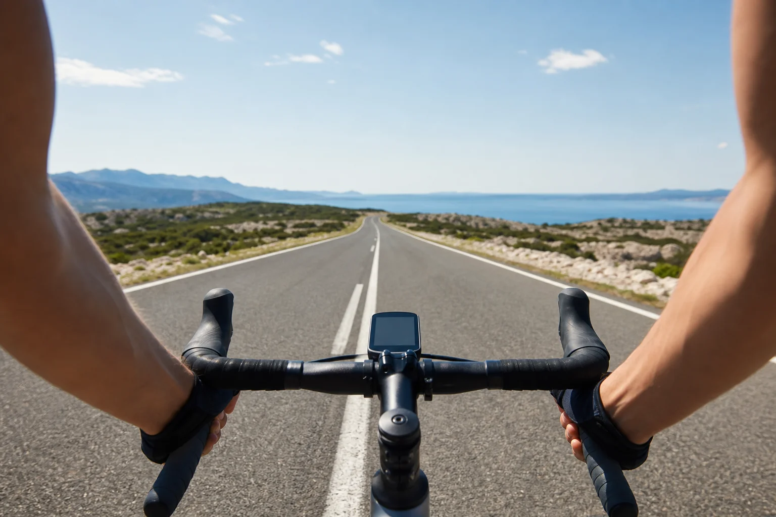 Radfahrer auf einer sonnigen Straße mit einem am Lenker montierten Fahrradcomputer