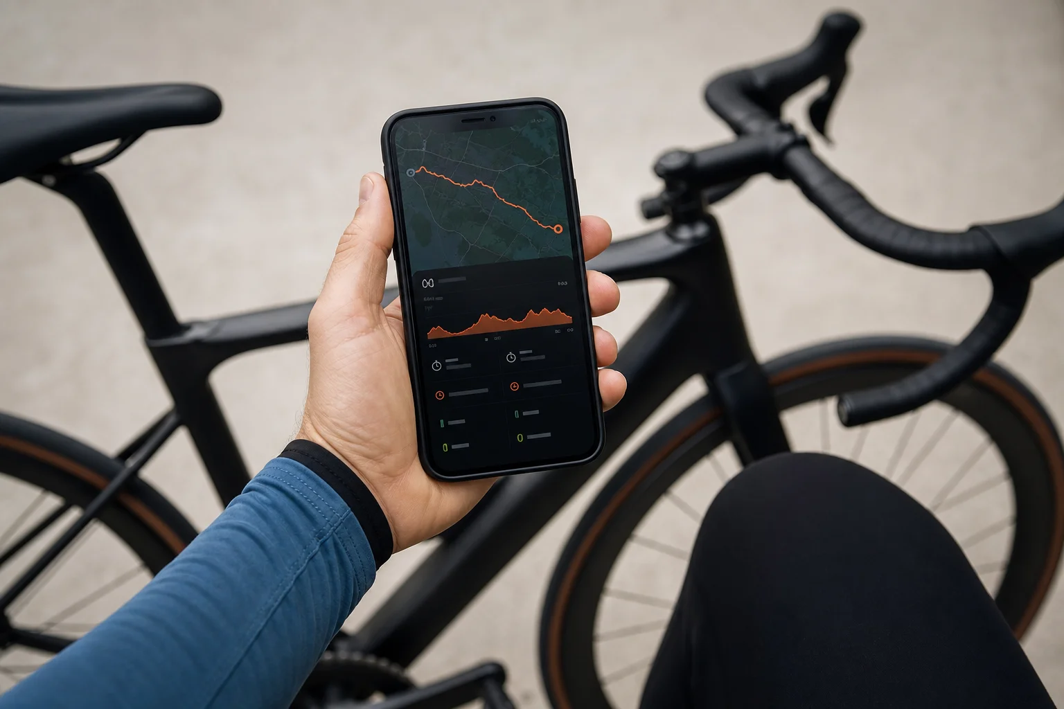 Radfahrer betrachtet nach der Fahrt seine Leistungsdaten in einer Smartphone-App