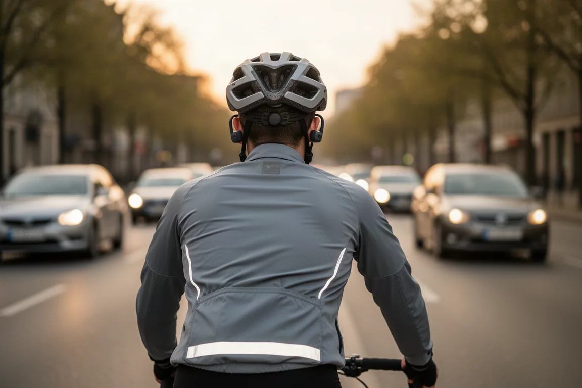 Radfahrer von hinten gesehen mit Open-Ear-Kopfhörern im Stadtverkehr bei Dämmerung