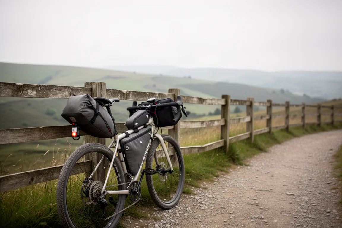 Beladenes Bikepacking-Rad lehnt an einem Zaun mit Satteltasche und Rücklicht