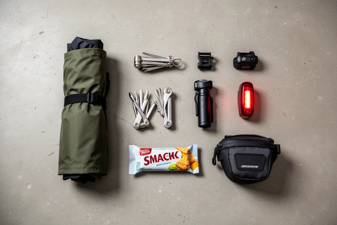 Flatlay von oben mit Fahrutensilien wie Pumpe, Multitool und Jacke