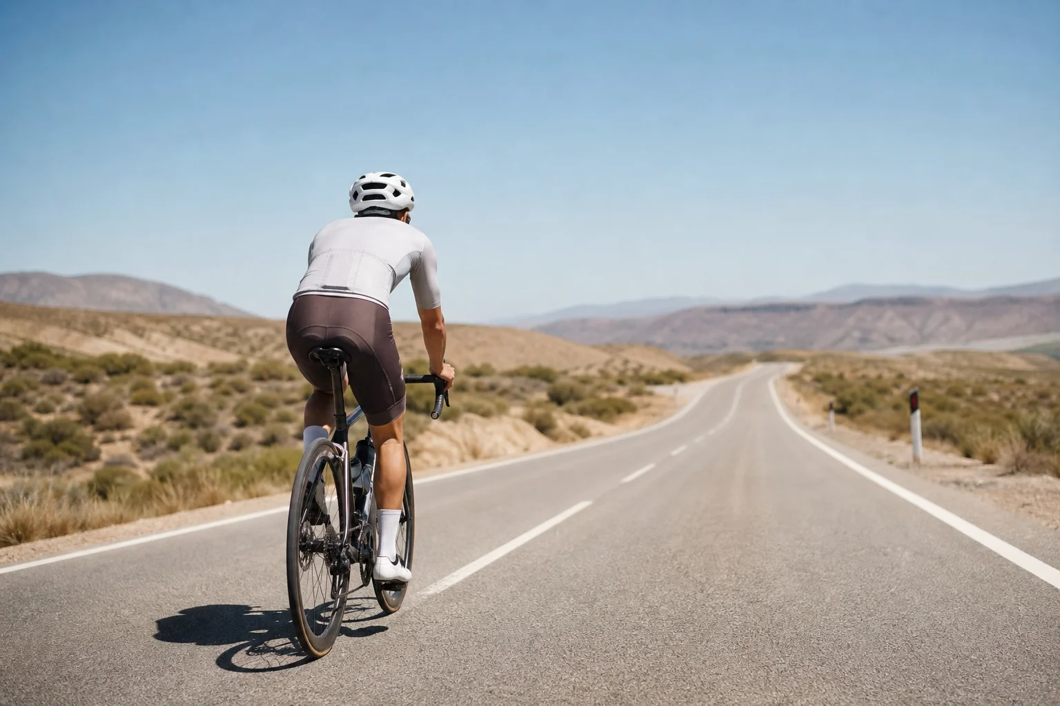 Cyclist wearing a white helmet on a summer road ride