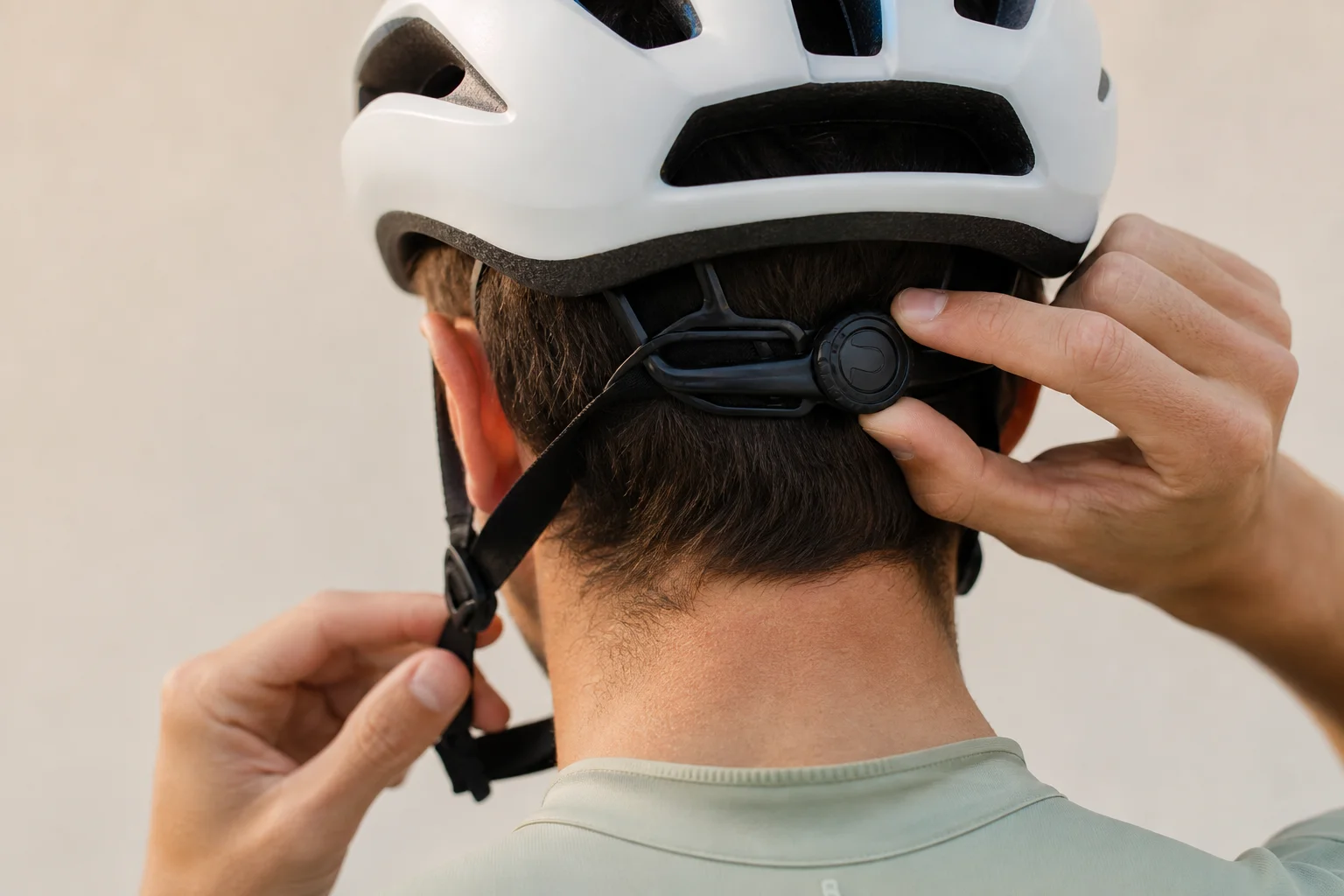 Cyclist adjusting helmet fit and strap system during a ride