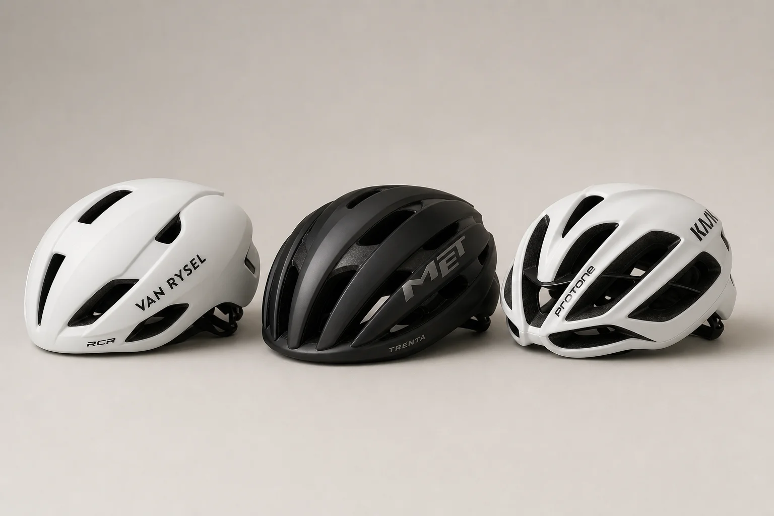 Three cycling helmets arranged side by side: Van Rysel RCR, Met Trenta, and Kask Protone