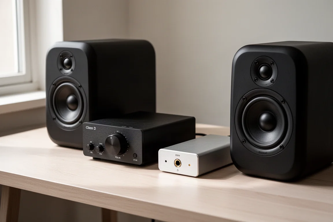 Compact desktop amplifier, DAC and two bookshelf speakers arranged on a pale wood desk
