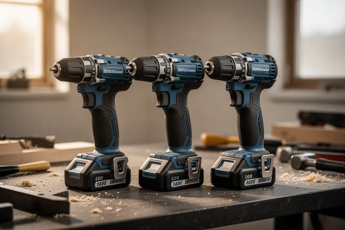 Three cordless drill drivers lined up on a workbench under shop lighting