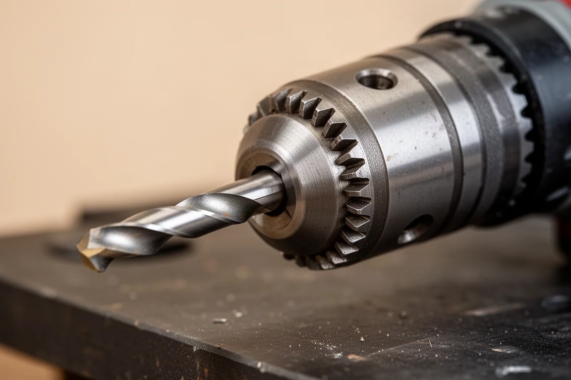 Close-up of a drill chuck gripping a bit under soft light