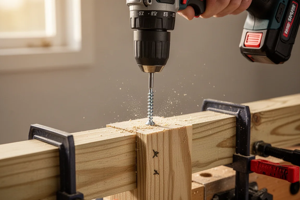 Cordless drill driving a screw into a wood stud in a workshop