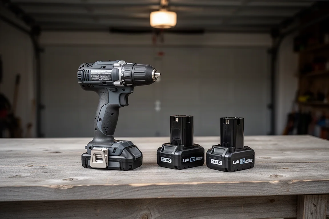 Drill resting on a garage workbench beside loose battery packs