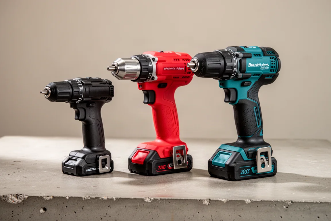 Three budget cordless drill drivers lined up on a concrete surface