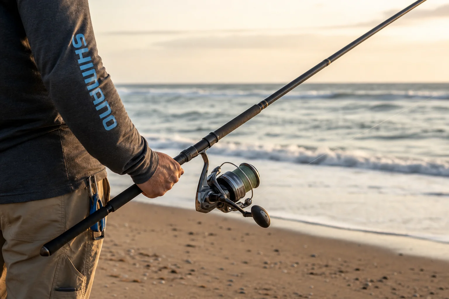 Pescador segurando uma vara de pesca com um molinete Shimano em uma praia arenosa