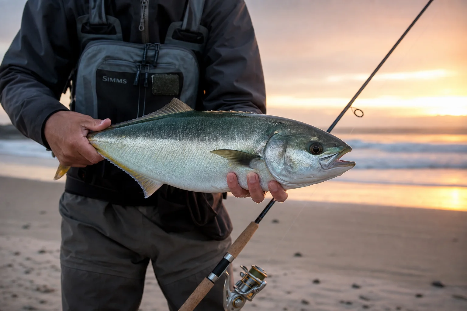 Pescador segurando um peixe kahawai recém-capturado em uma praia arenosa ao pôr do sol