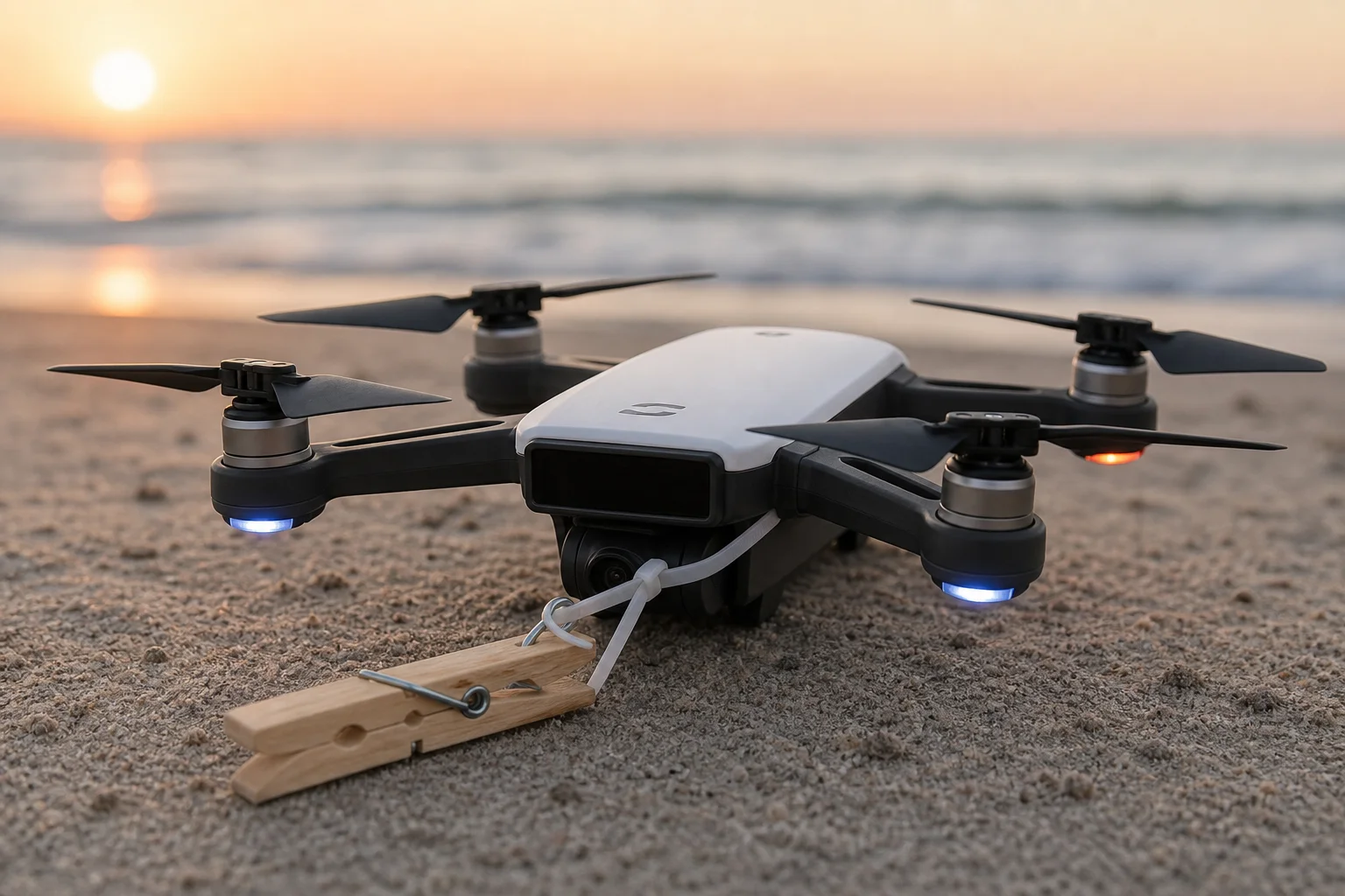 Drone economico Ruko con sistema di rilascio dell'esca fai-da-te su una spiaggia sabbiosa