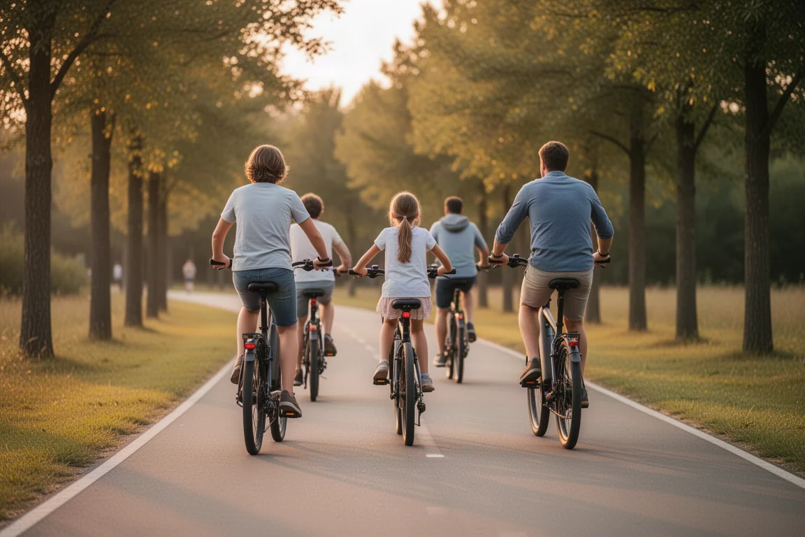 Family riding e-bikes together on a scenic paved trail in the evening