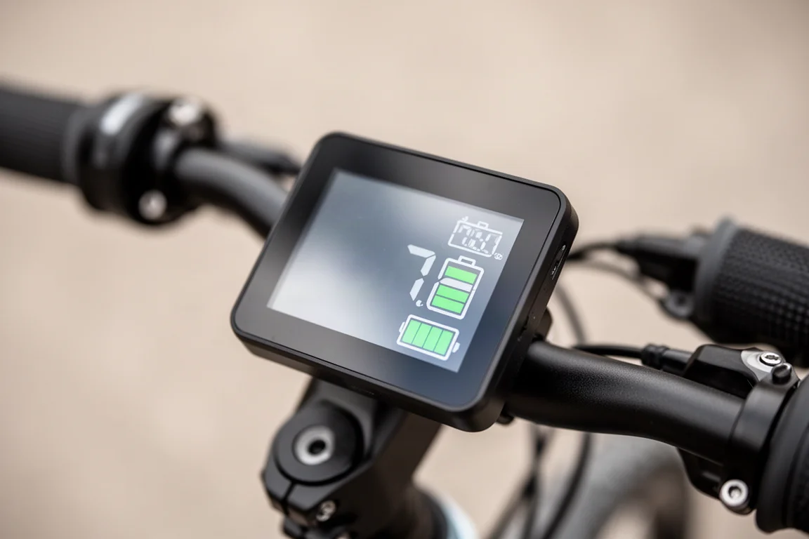 Close-up of a color e-bike display showing speed and battery information